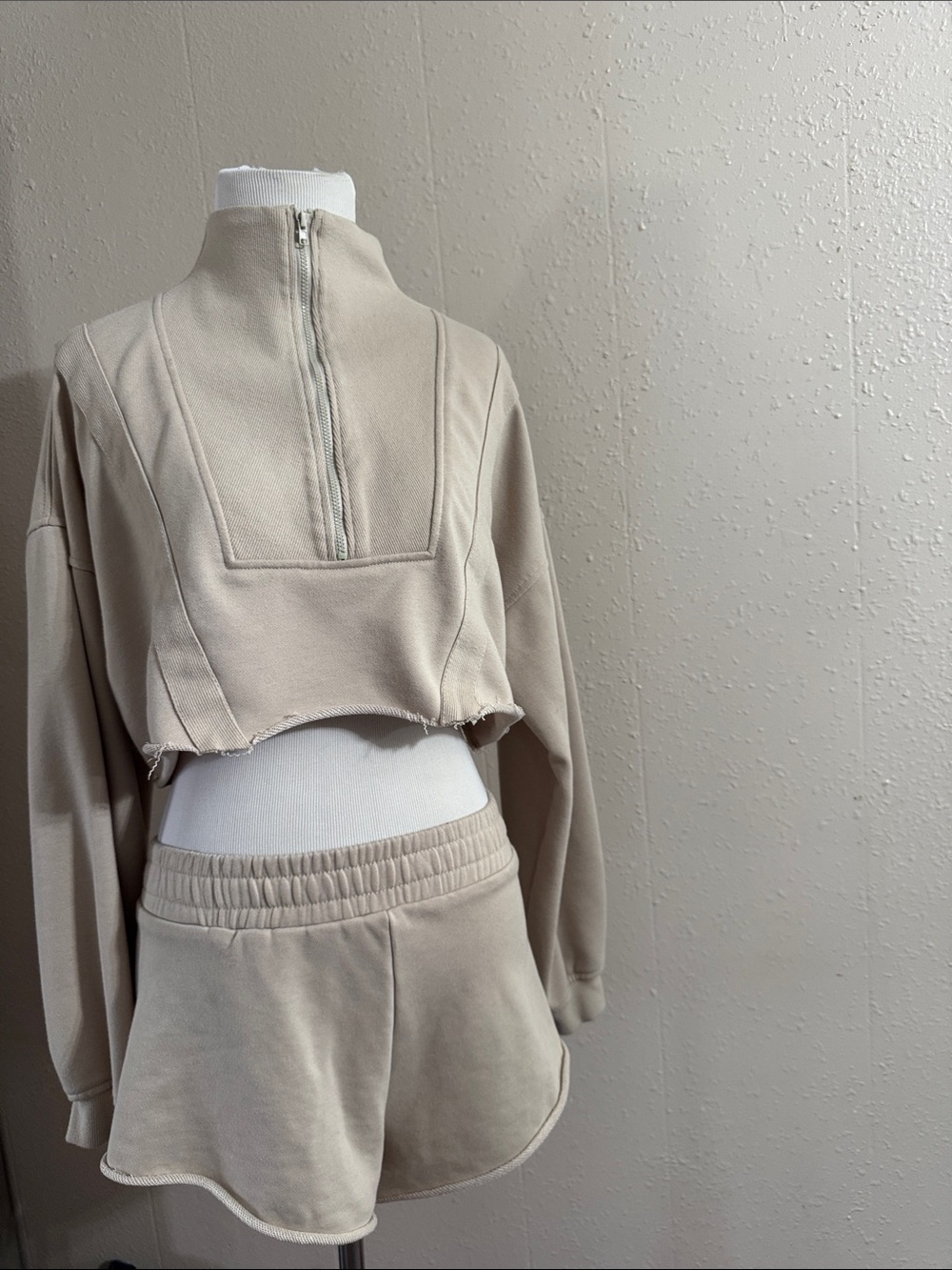 The Set Shop Cropped Half-Zip Lounge Set in Light Beige